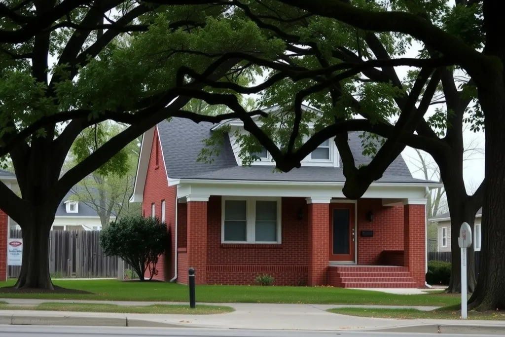 A brick Craftsman bungalow with a deep porch under arching oaks.